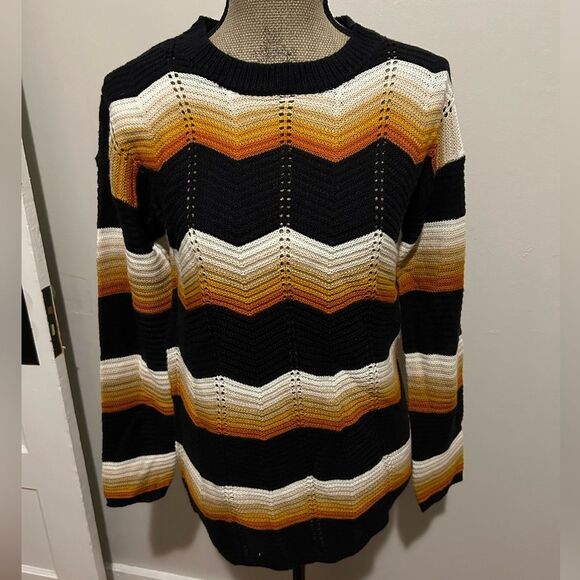 FCT Black Orange and Cream Herringbone Zig Zag Crochet Pattern Striped Sweater - Picture 1 of 13